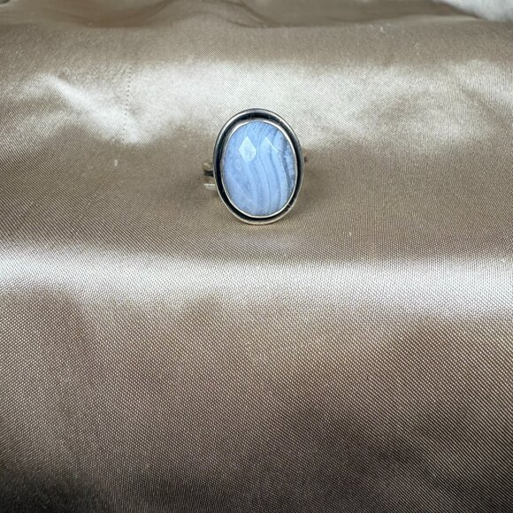 Blue Lace Agate Handmade Silver Ring Oval Faceted Gemstone Jewelry Size 8.5 - Picture 1 of 5